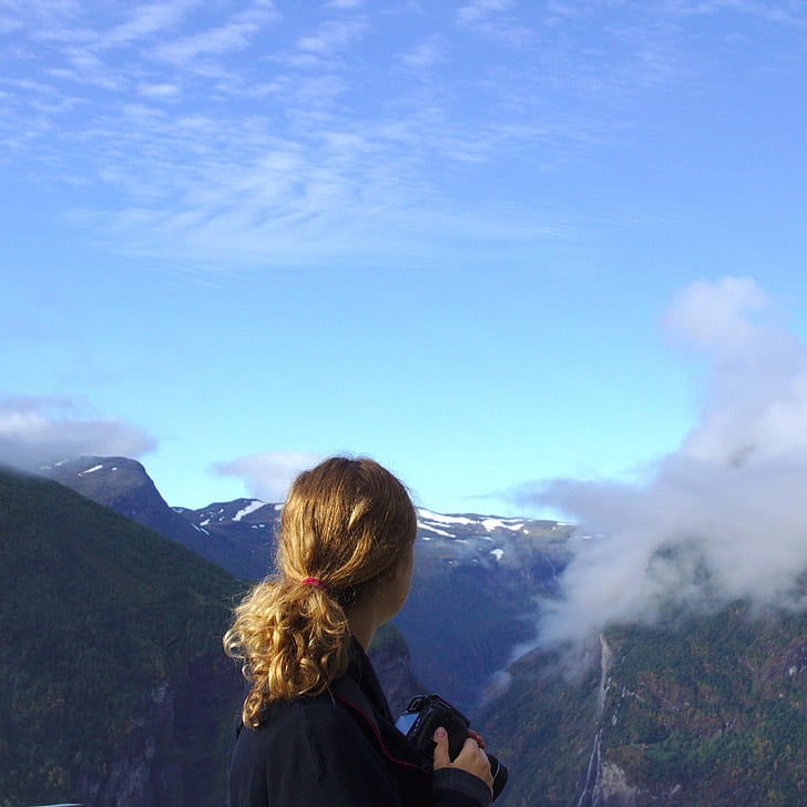 adventure, mountains, photographer, view, woman
