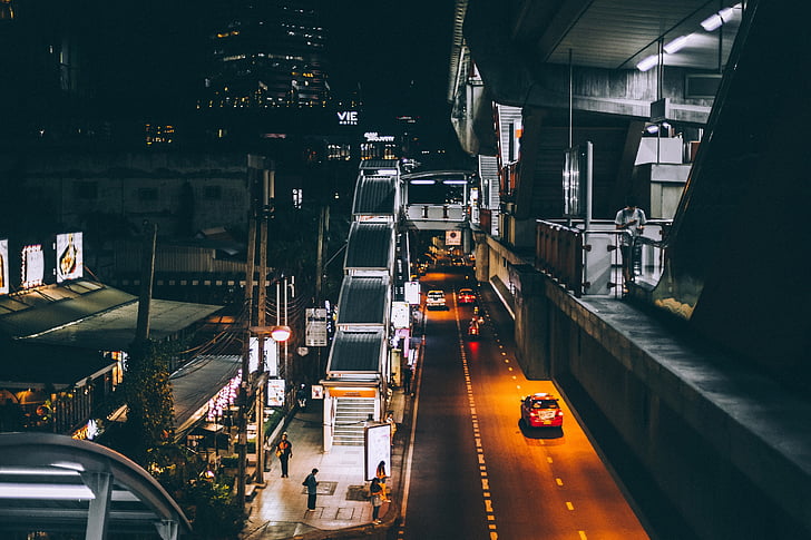 dark, night, urban, city, car, vehicle, transportation
