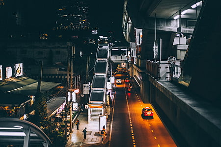 escuro, à noite, urbana, cidade, carro, veículo, transporte