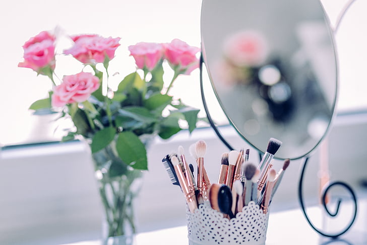 makeup, brush, beauty, mirror, rose, petals, pink