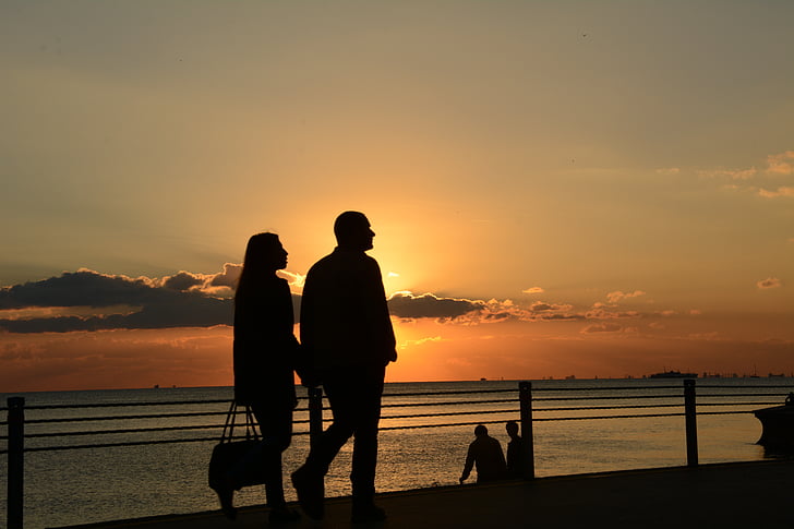 people, man, woman, couple, silhouette, love, sunset