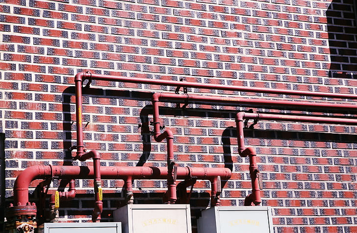tubs de ferro, fontaneria, tub de ventilació, línia, vermell, casa, paret