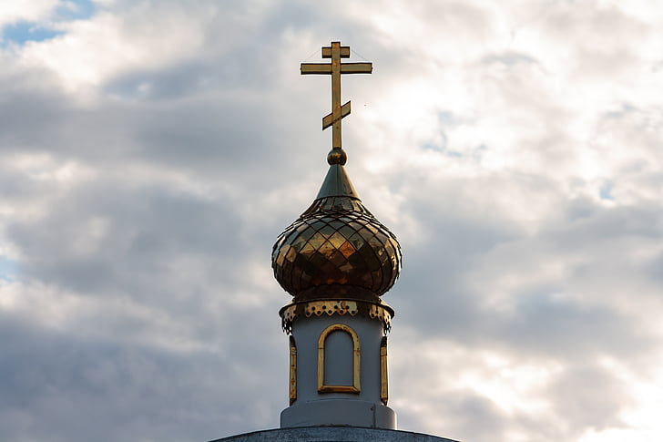 Cruz, Igreja, ortodoxia, Rússia, céu, nuvens, pôr do sol