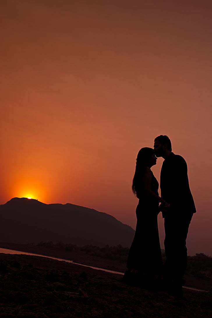 sunset, couple, love, kissing, newly wed, engaged, evening