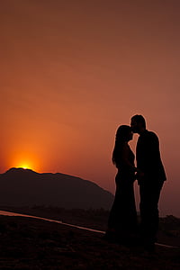 tramonto, coppia, amore, baci, Recentemente wed, impegnati, sera