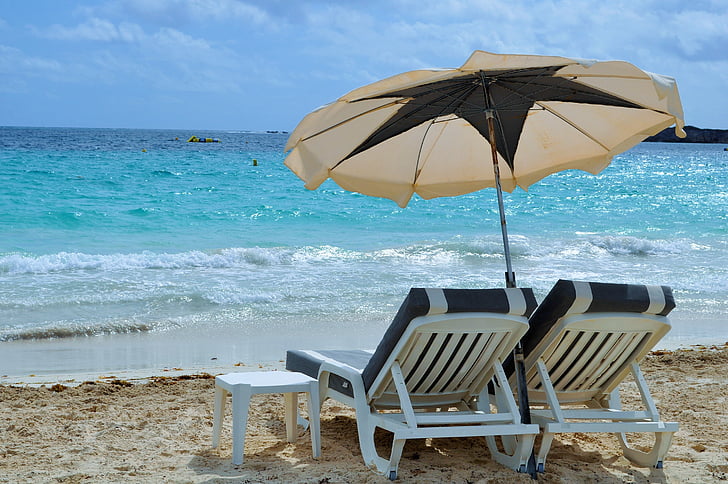 sedia a sdraio, spiaggia, mare, cielo, blu, parasole, destinazione