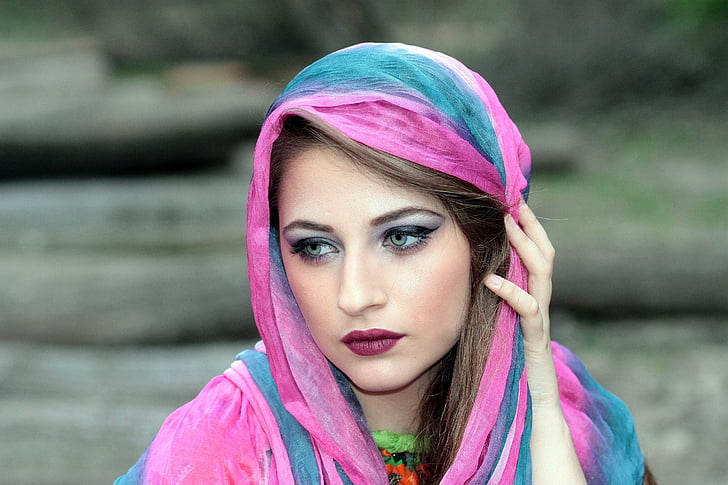 girl, scarf, cover, oriental, blue eyes, coloring, beauty