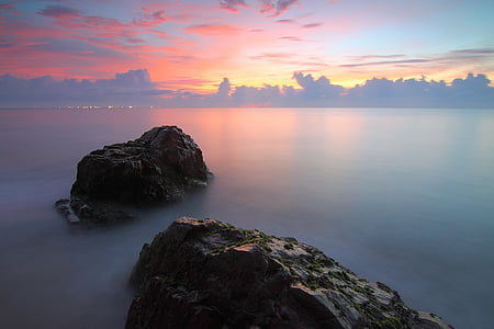 beach, dawn, dusk, fog, ocean, rocks, sea