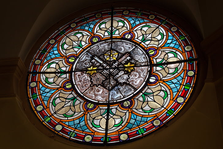 stained glass window, krotoszyn, the town hall, coat of arms, round, colors, pane