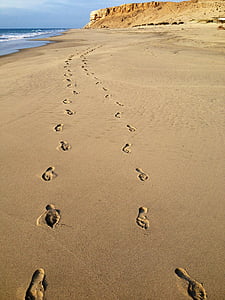 비치, 커플, 바다, 모래, 발자국, 발 인쇄, 아니 사람들