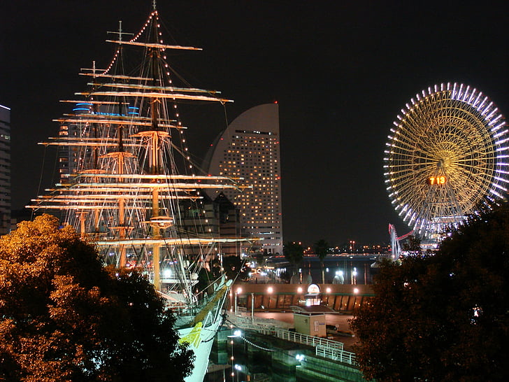 Yokohama, Nočný pohľad, Japonsko, výlet, semafor, loď, volant