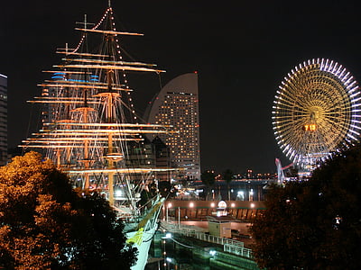 Йокохама, Нощен изглед, Япония, пътуване, светофар, кораб, кормилното колело