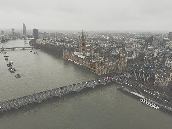 bridge, buildings, city, foggy, london, urban, water