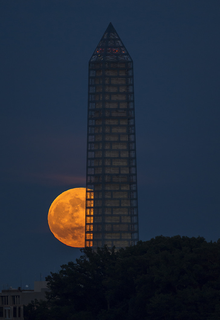 Supermåne, full, perigeum, natt, Washington monument, glödande, ljusa