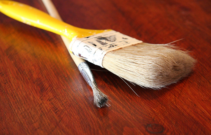brush, paint, surface, used, wooden, handle, paintbrush