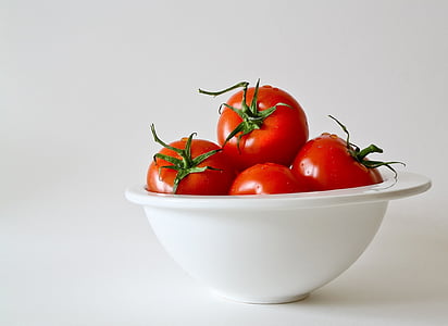 punane, tomatid, valge, plastikust, kauss, toidu, köök