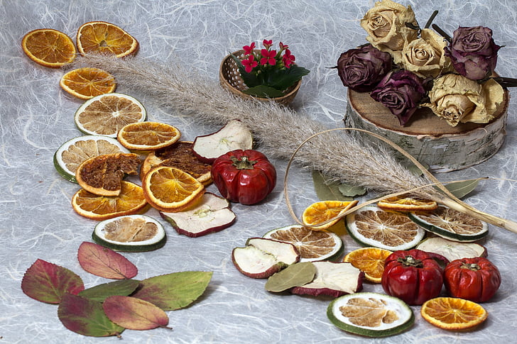 leaves, flowers, dried flowers, roses, dried fruit, citrus fruits, still life