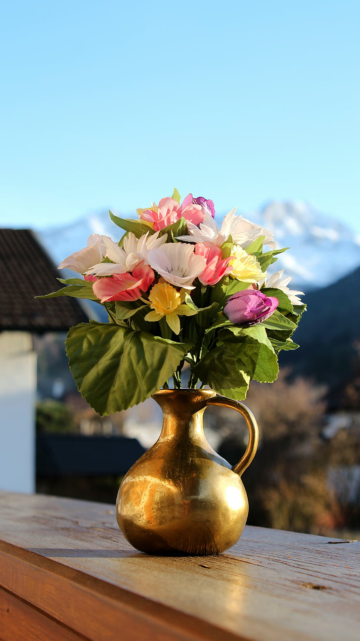 flowers, mountains, vase, balcony, background, out of focus, blue
