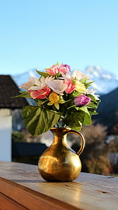 blomster, bjerge, vase, balkon, baggrund, ud af fokus, blå