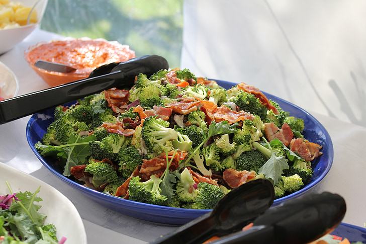 salát, hlávkový salát, brokolice, slanina, salát z, zelená, jídlo