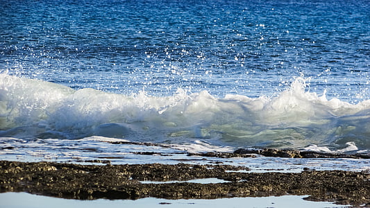 mar, ola, espuma de, aerosol, gotas, azul, Playa