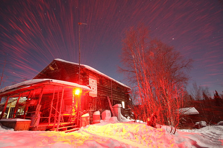 Alaska, natt, hus, snö, vinter, röd