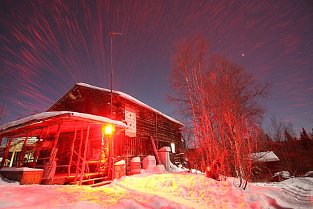 Alaska, naktī, māja, sniega, ziemas, sarkana