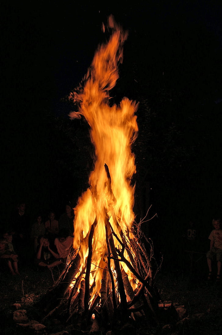 fire, night, flame, campfire, heat, yellow