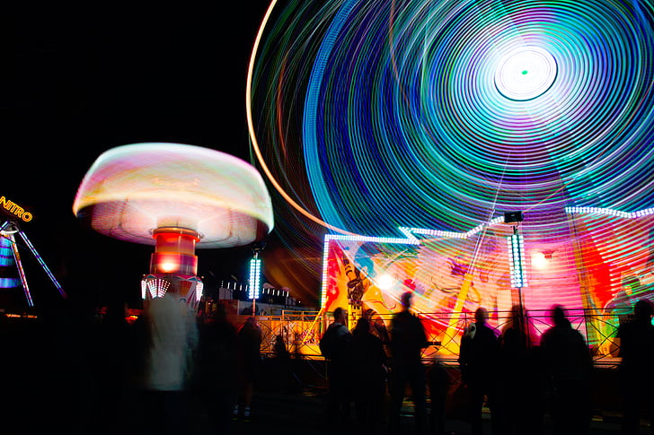 diversão, Carnaval, luzes, Ferris, roda, rodada, movimento
