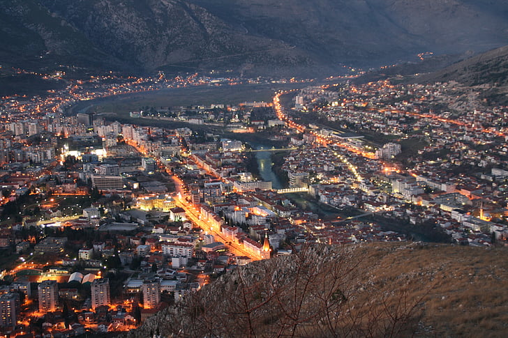 Miestas, naktį, miesto peizažas, Mostar, ne žmonės, lauke, dangus