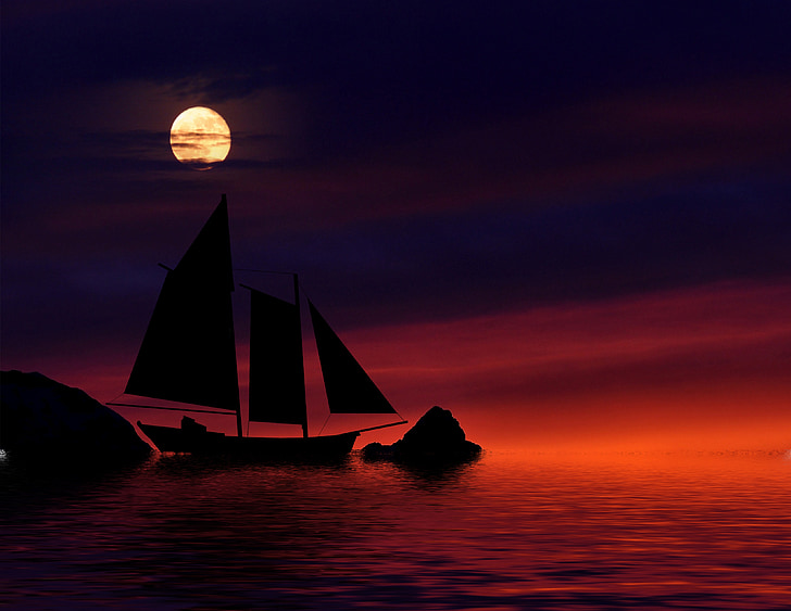 natt, båt, Sky moon, vatten, havet, mörka, solnedgång