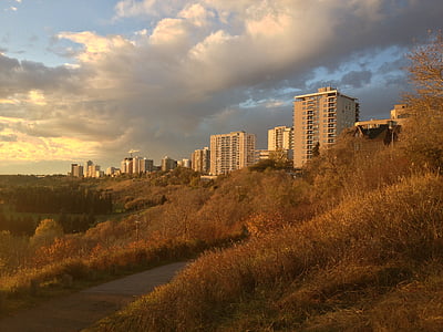 Panorama, Západ slunce, řeka, údolí, mraky, Edmonton