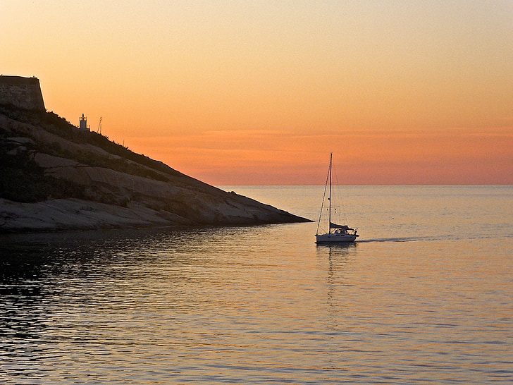 puesta de sol, mar, naranja, barco, Calvi, Córcega, paisaje marino