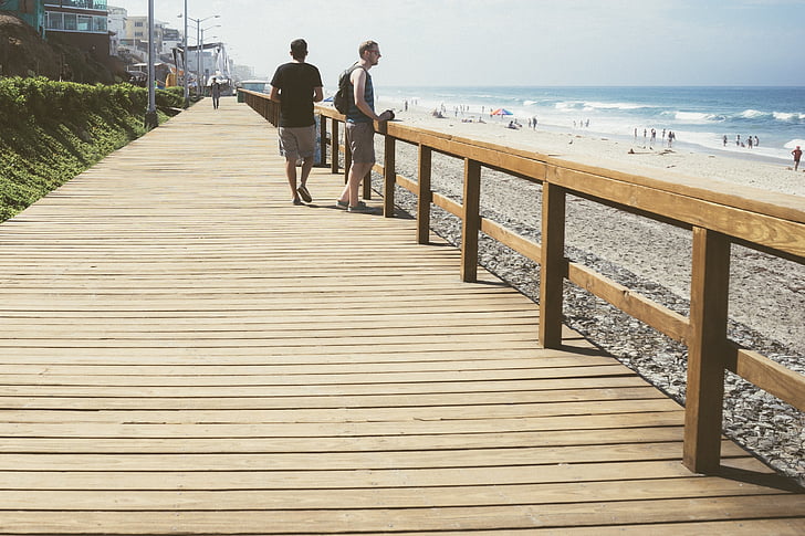 two, men, wooden, bridge, beach, people, sea