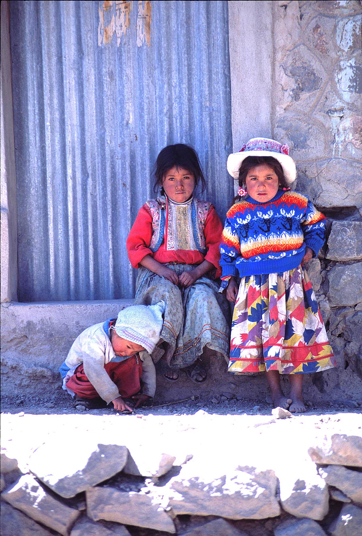 Peru, gyermekek, színes, népviselet, portré, vidéken, Takayama