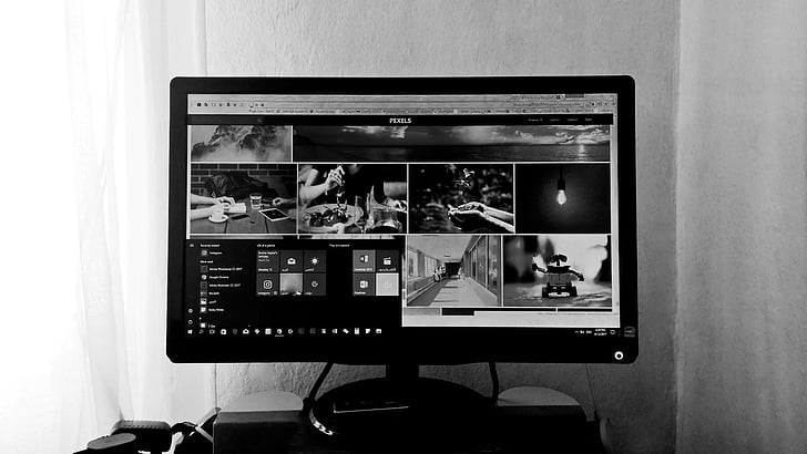 black and white, close -up, computer, desk, electronics, indoors, internet