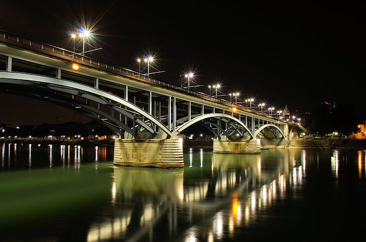 éjszaka, híd, folyó, város, utca-és városrészlet, Landmark, éjszakai város