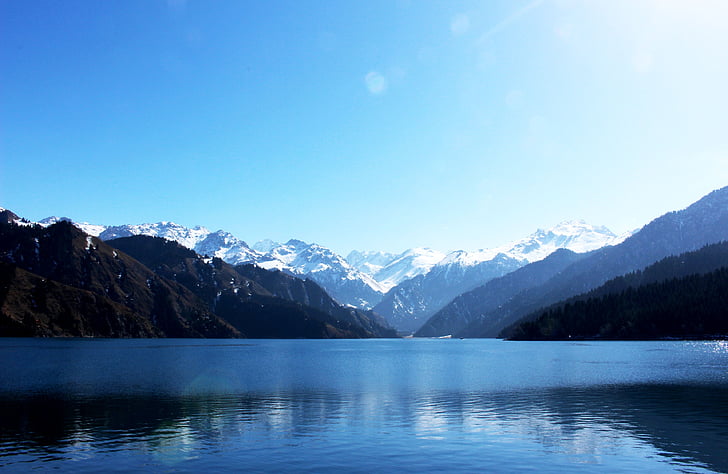 tianchi, jezero, snijeg, u xinjiang, planine, priroda, krajolik