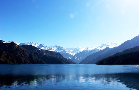 天池, 湖, 雪, 新疆, 山, 自然, 景观
