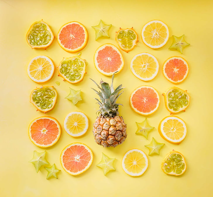 orange, lemon, pineapple, starfruit, fruit, yellow, drink