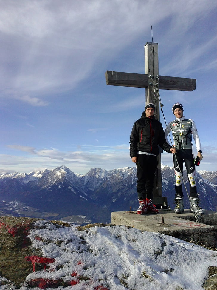 Summit cross, toppmötet, offpist skidåkning, vinter, killar, Alpin, Mountain