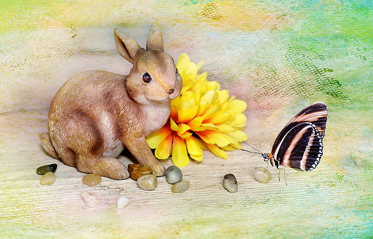 กระต่าย, กระต่ายอีสเตอร์, dekohase, dekoblume, ดอกไม้, สีเหลือง, ดอก