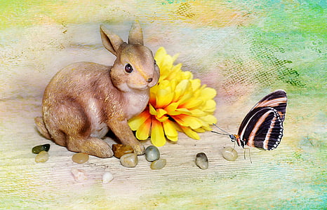 กระต่าย, กระต่ายอีสเตอร์, dekohase, dekoblume, ดอกไม้, สีเหลือง, ดอก