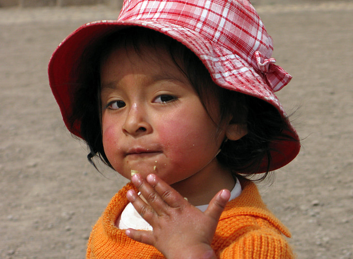 Peru, Cusco, bērnu, meitene, cepure, Peru, ēst