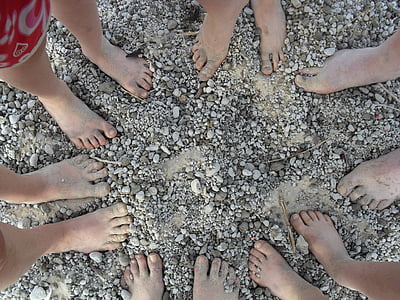 πόδια, παραλία, ξυπόλυτος, οικογένεια, ελαφρόπετρα