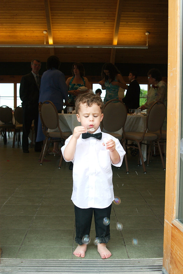 party, reception, bubbles, ring bearer, toddler, blowing, tuxedo
