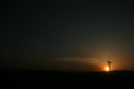 Moulin à vent, silhouette, nuit, temps, coucher de soleil, sombre, turbine de vent