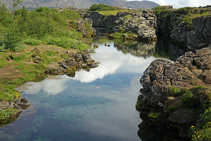 Jezioro, Islandia, Lawa, jeziorko, skały wulkaniczne, idylliczne, krajobraz