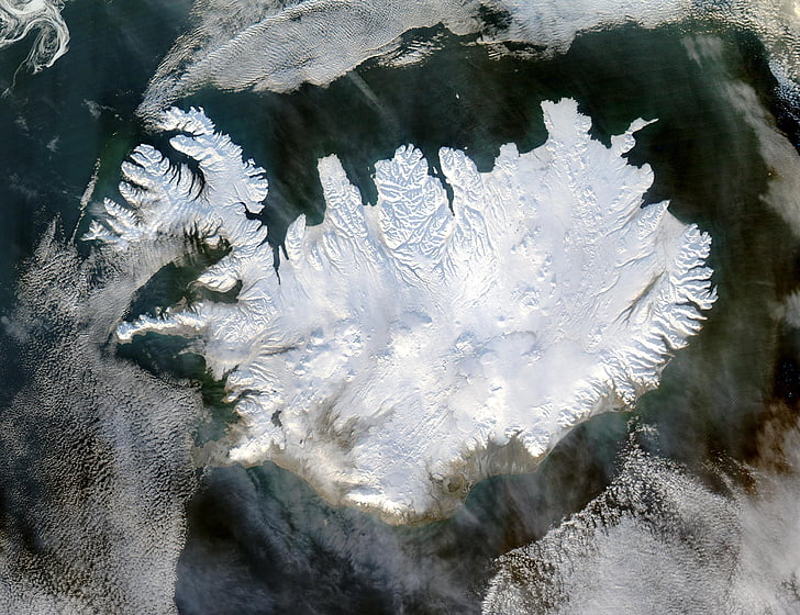 ไอซ์แลนด์, ฤดูหนาว, ฝาครอบขั้วโลก, น้ำแข็งนิรันดร์, ธารน้ำแข็ง, ภาพถ่ายดาวเทียม, มุมมองทางอากาศ