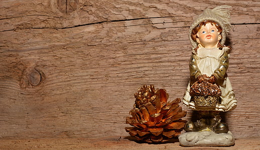 figura de guix, noi, figura, Nadal, pinyes, fusta, fons